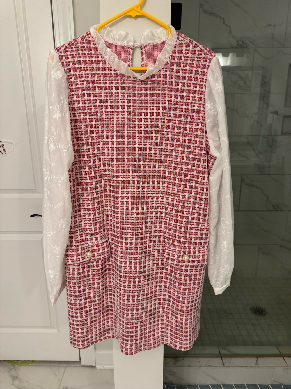 Shein Pink Tweed Dress with White Lace Sleeves